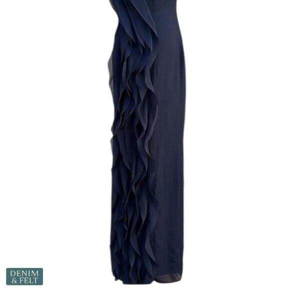 Vera Wang White Navy One Shoulder Ruffle Slit Formal Evening Gown Wedding Dress - Picture 8 of 13